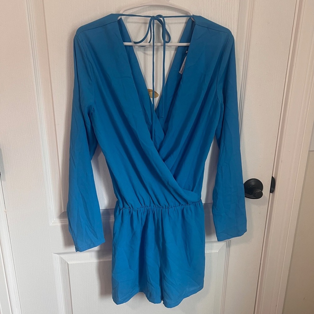 Three Eighty Two Blue Long Sleeve Wrap Romper Ope… - image 5